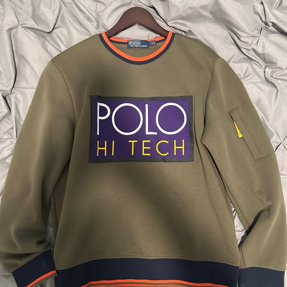 Ralph Lauren Olive Crewneck Sweater with Navy and Orange Accents